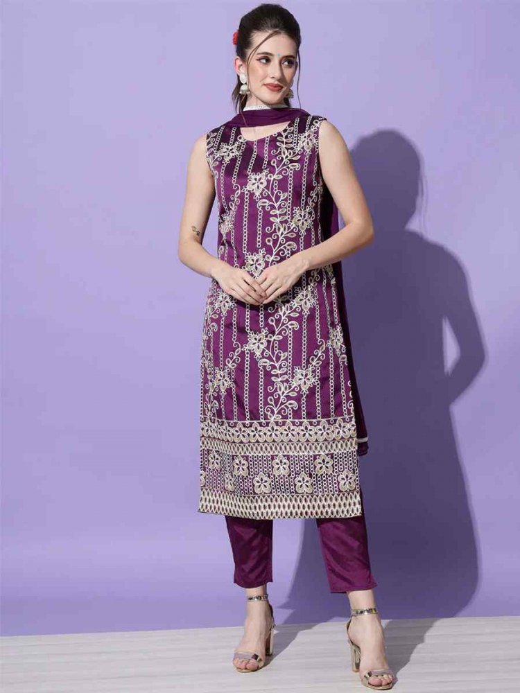 Purple Cotton Silk Blend  Embroidered Festival Party Ready Pant Salwar Kameez