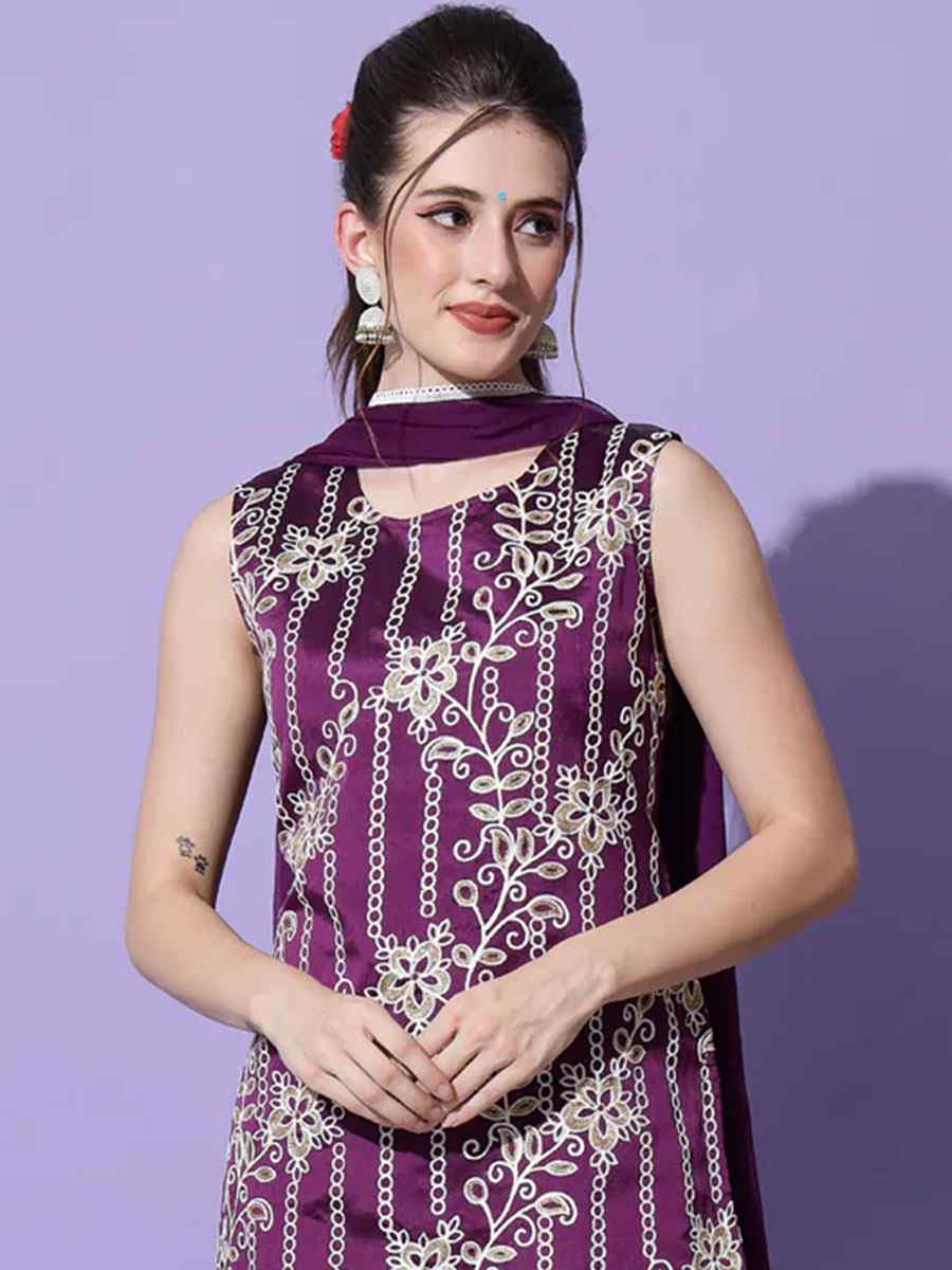 Purple Cotton Silk Blend Embroidered Festival Party Ready Pant Salwar Kameez