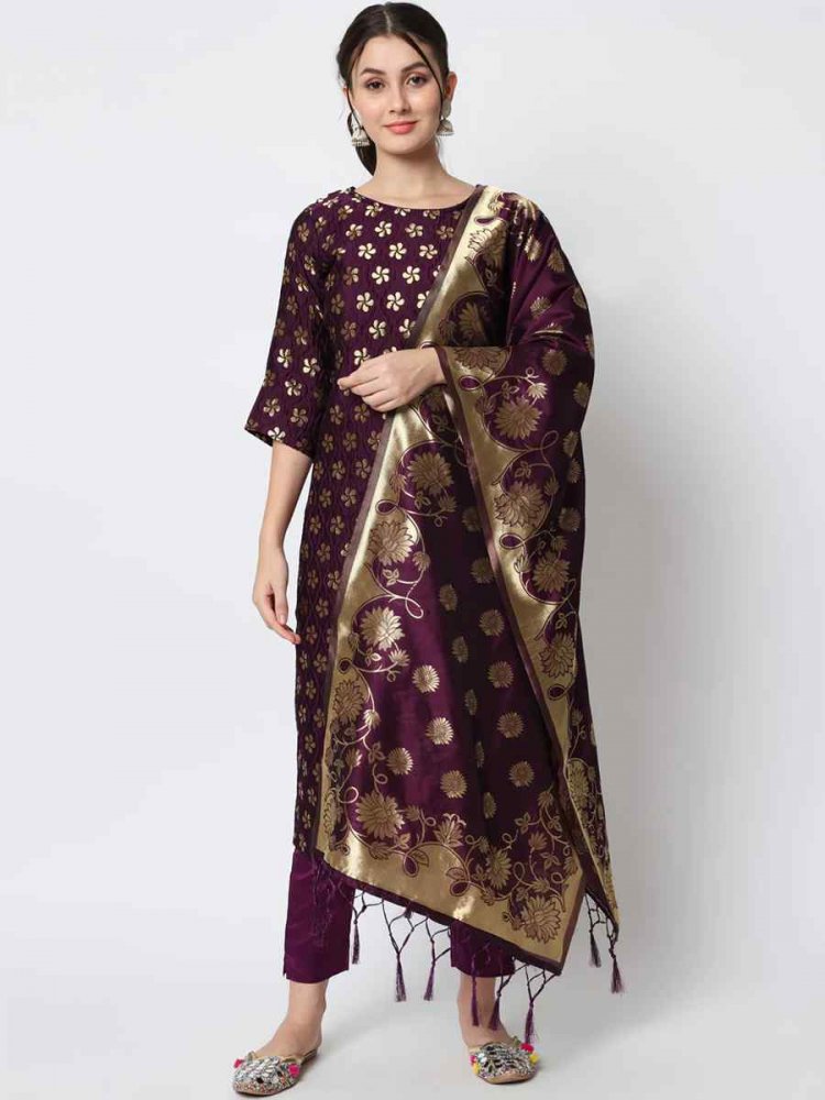 Purple Cotton Silk Blend Handwoven Festival Mehendi Ready Pant Salwar Kameez
