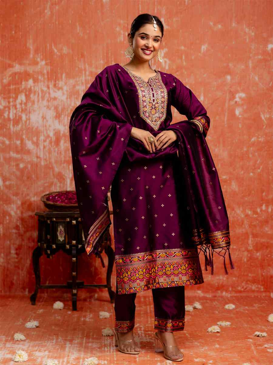 Purple Cotton Silk Blend�Embroidered Festival Casual Ready Pant Salwar Kameez
