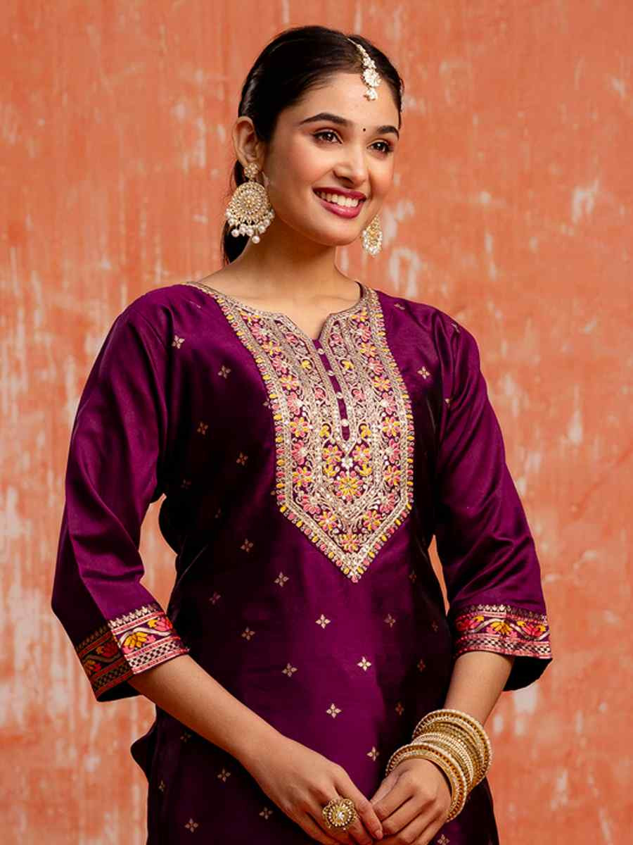 Purple Cotton Silk Blend�Embroidered Festival Casual Ready Pant Salwar Kameez