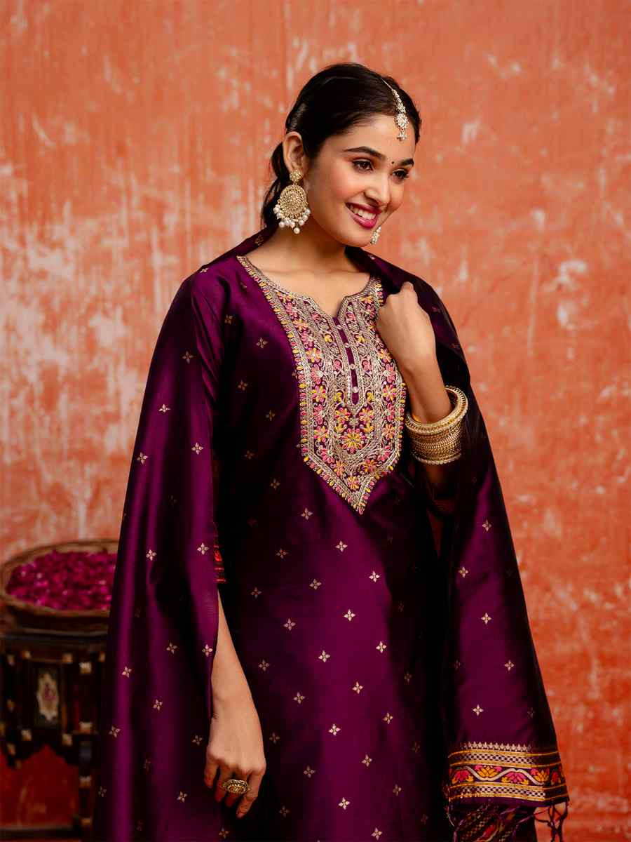 Purple Cotton Silk Blend�Embroidered Festival Casual Ready Pant Salwar Kameez