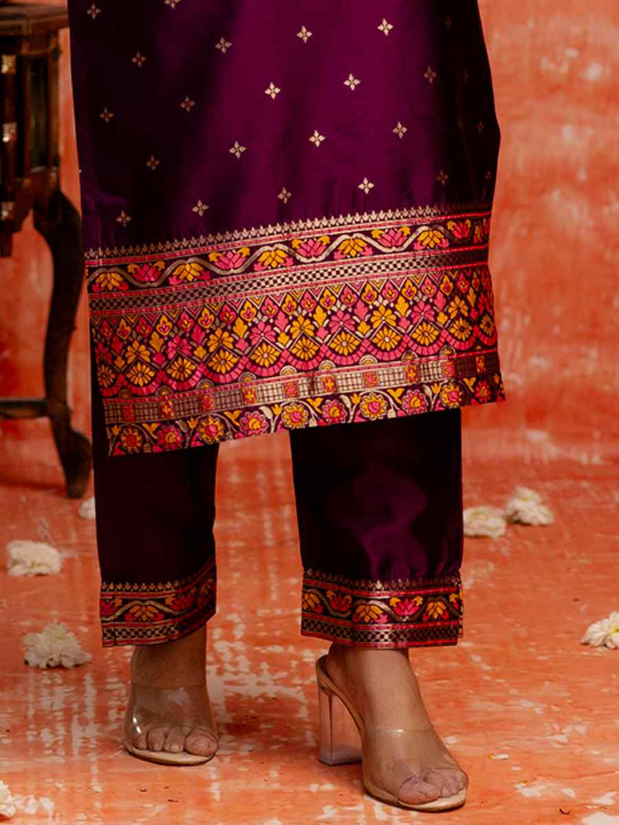 Purple Cotton Silk BlendEmbroidered Festival Casual Ready Pant Salwar Kameez