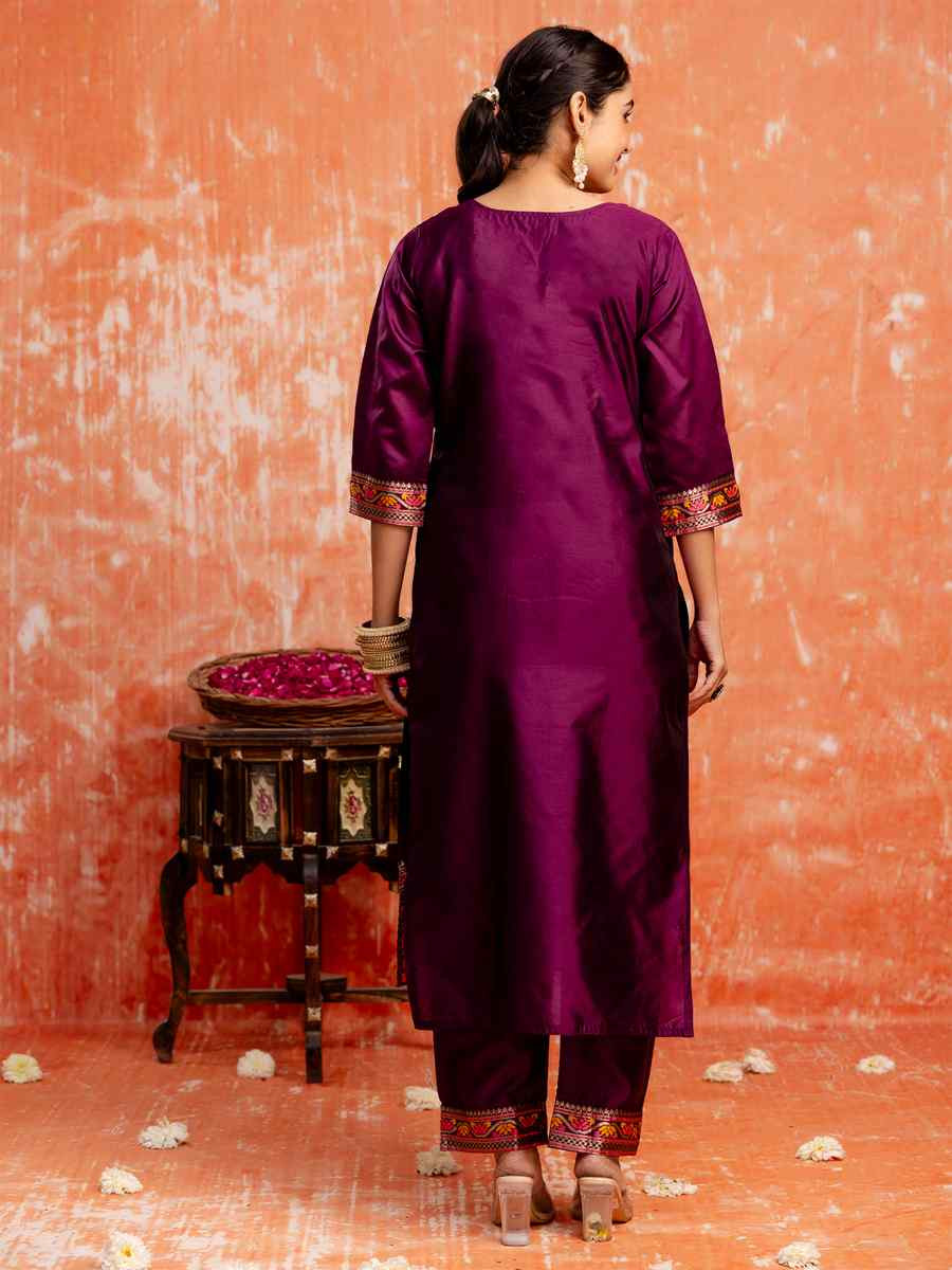Purple Cotton Silk BlendEmbroidered Festival Casual Ready Pant Salwar Kameez