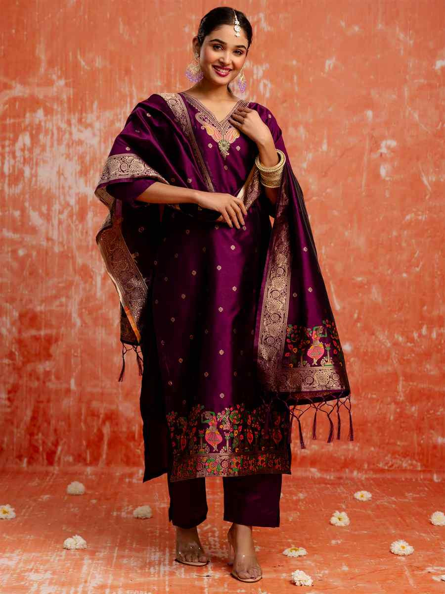Purple Cotton Silk Embroidered Festival Casual Ready Pant Salwar Kameez