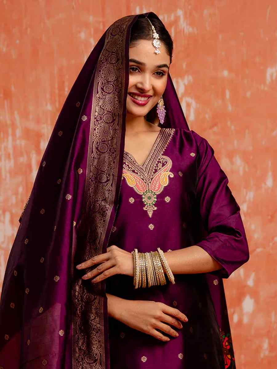 Purple Cotton Silk Embroidered Festival Casual Ready Pant Salwar Kameez