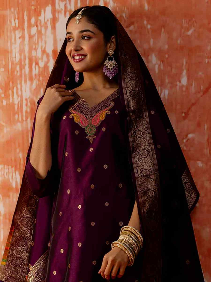 Purple Cotton Silk Embroidered Festival Casual Ready Pant Salwar Kameez
