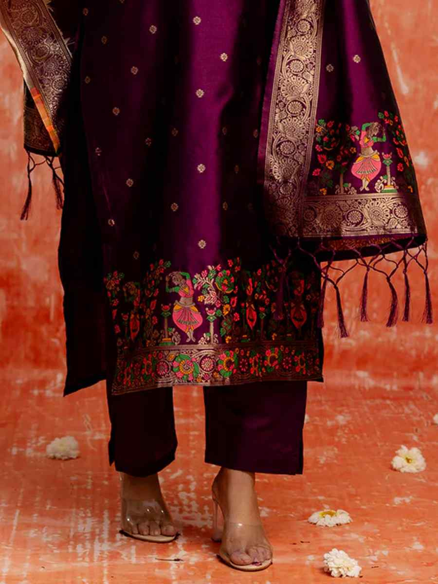 Purple Cotton Silk Embroidered Festival Casual Ready Pant Salwar Kameez