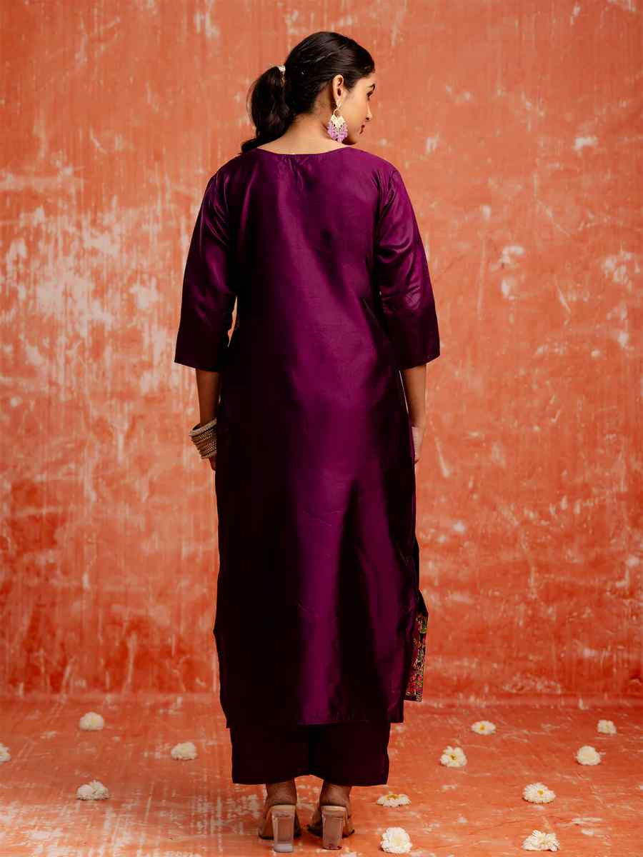Purple Cotton Silk Embroidered Festival Casual Ready Pant Salwar Kameez