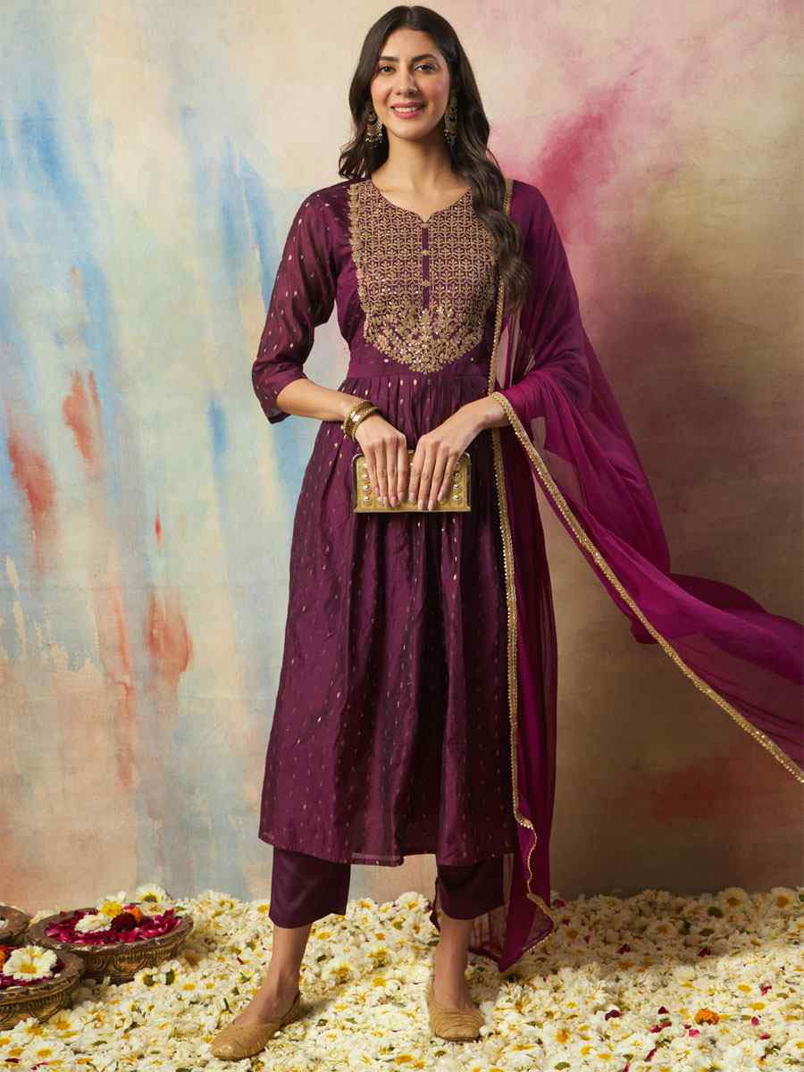 Purple Cotton Silk Embroidery Party Wedding Festival Casual Ready Pant Salwar Kameez