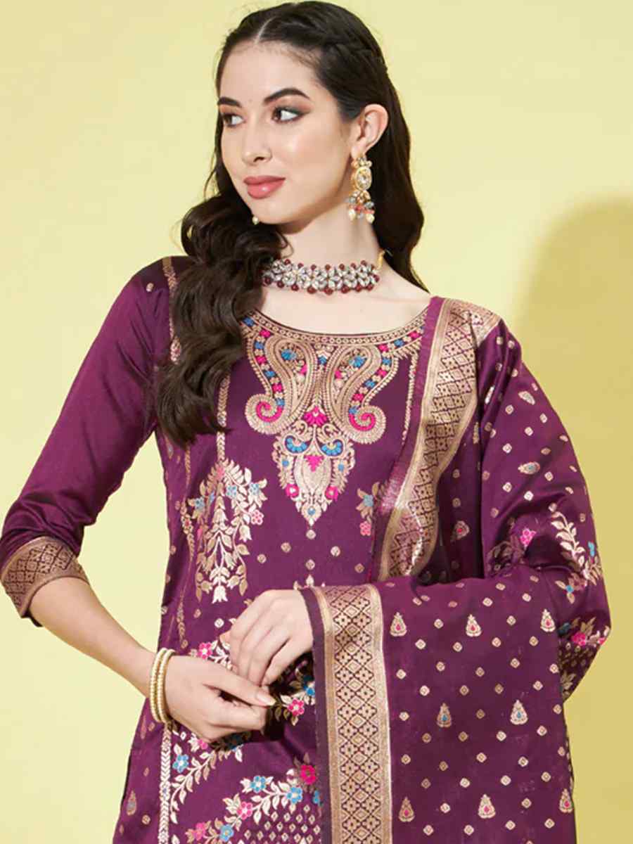 Purple Cotton Silk Jacquard Embroidered Festival Mehendi Ready Pant Salwar Kameez