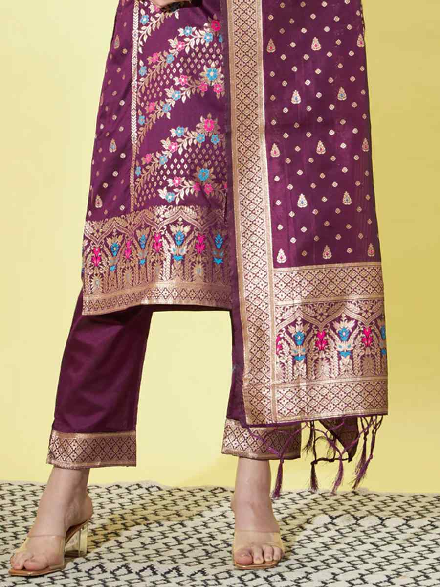 Purple Cotton Silk Jacquard Embroidered Festival Mehendi Ready Pant Salwar Kameez