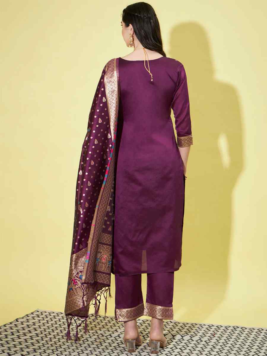 Purple Cotton Silk Jacquard Embroidered Festival Mehendi Ready Pant Salwar Kameez