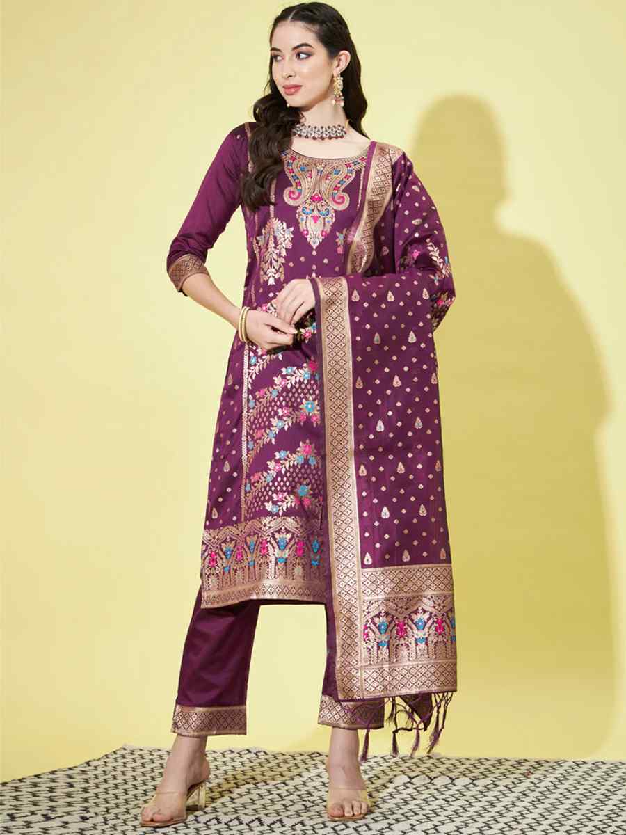 Purple Cotton Silk Jacquard Embroidered Festival Mehendi Ready Pant Salwar Kameez