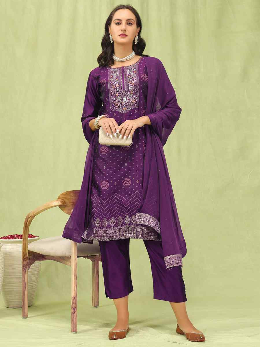 Purple Cotton Silk Jacquard Embroidery Party Wedding Festival Casual Ready Pant Salwar Kameez