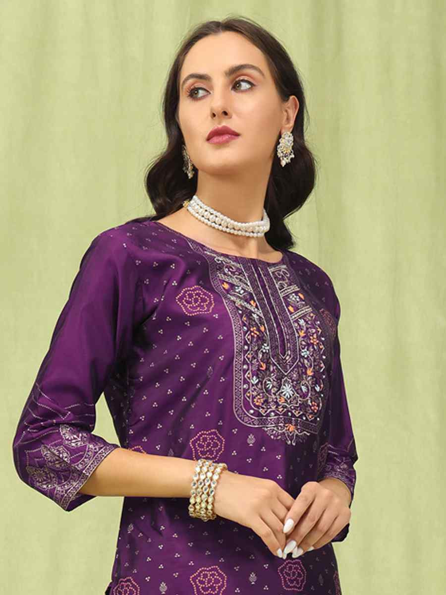 Purple Cotton Silk Jacquard Embroidery Party Wedding Festival Casual Ready Pant Salwar Kameez