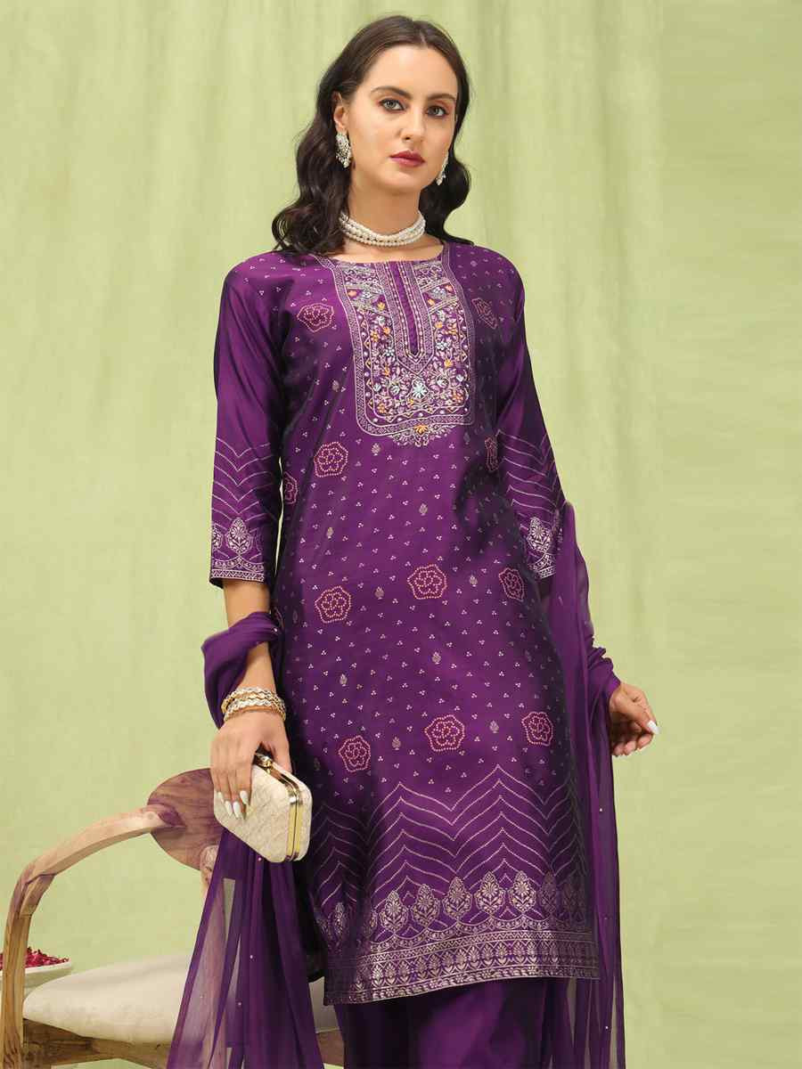 Purple Cotton Silk Jacquard Embroidery Party Wedding Festival Casual Ready Pant Salwar Kameez