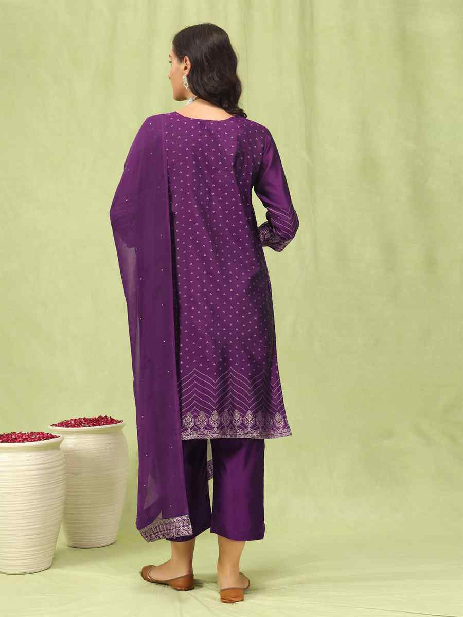 Purple Cotton Silk Jacquard Embroidery Party Wedding Festival Casual Ready Pant Salwar Kameez