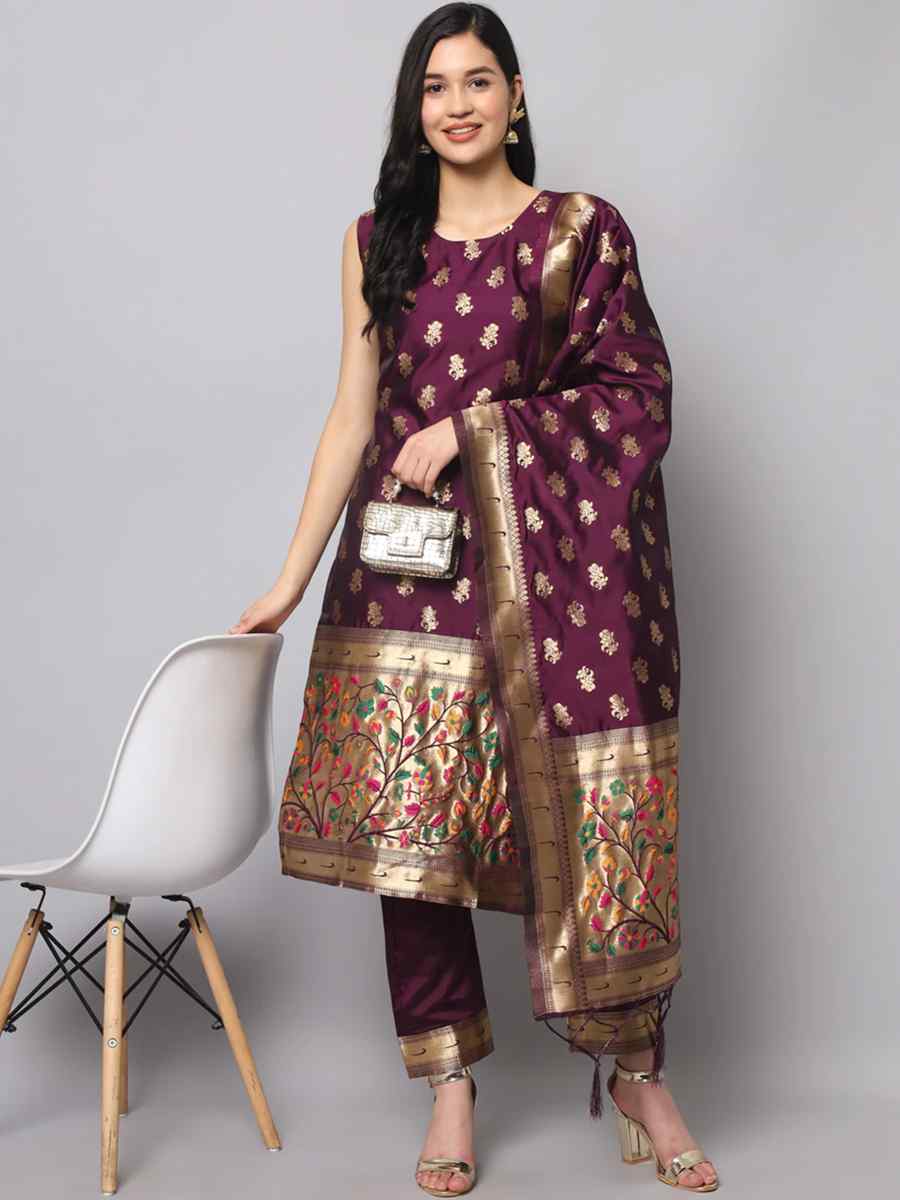 Purple Cotton Silk Jacquard Handwoven Festival Mehendi Ready Pant Salwar Kameez
