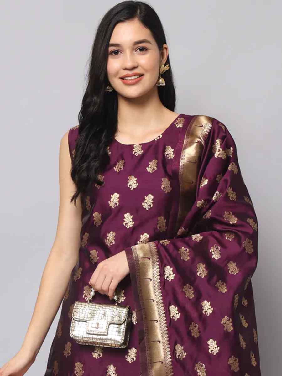 Purple Cotton Silk Jacquard Handwoven Festival Mehendi Ready Pant Salwar Kameez