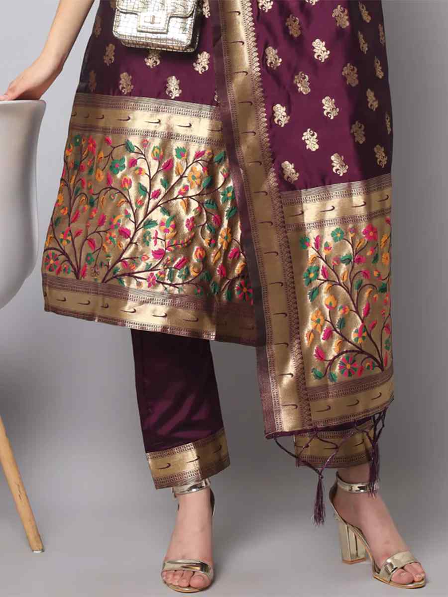 Purple Cotton Silk Jacquard Handwoven Festival Mehendi Ready Pant Salwar Kameez