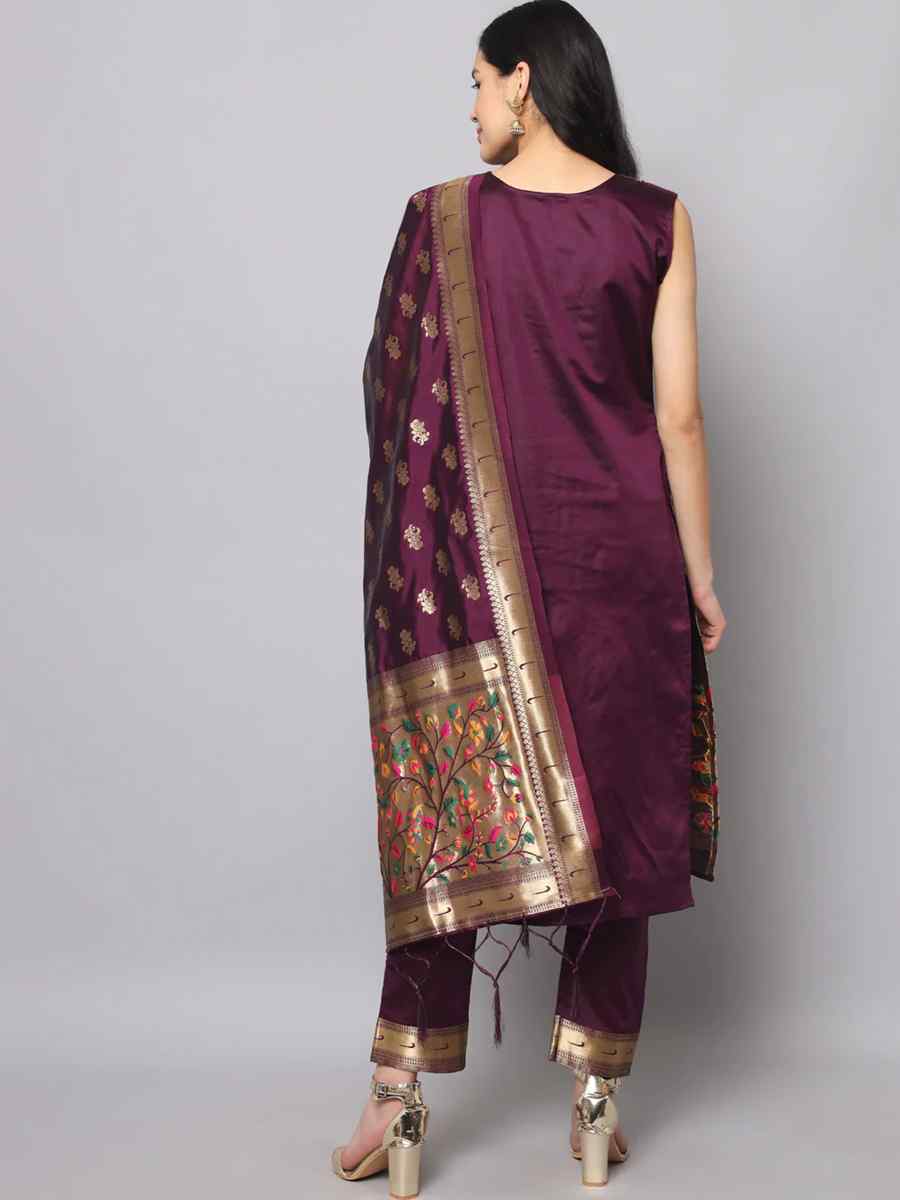 Purple Cotton Silk Jacquard Handwoven Festival Mehendi Ready Pant Salwar Kameez