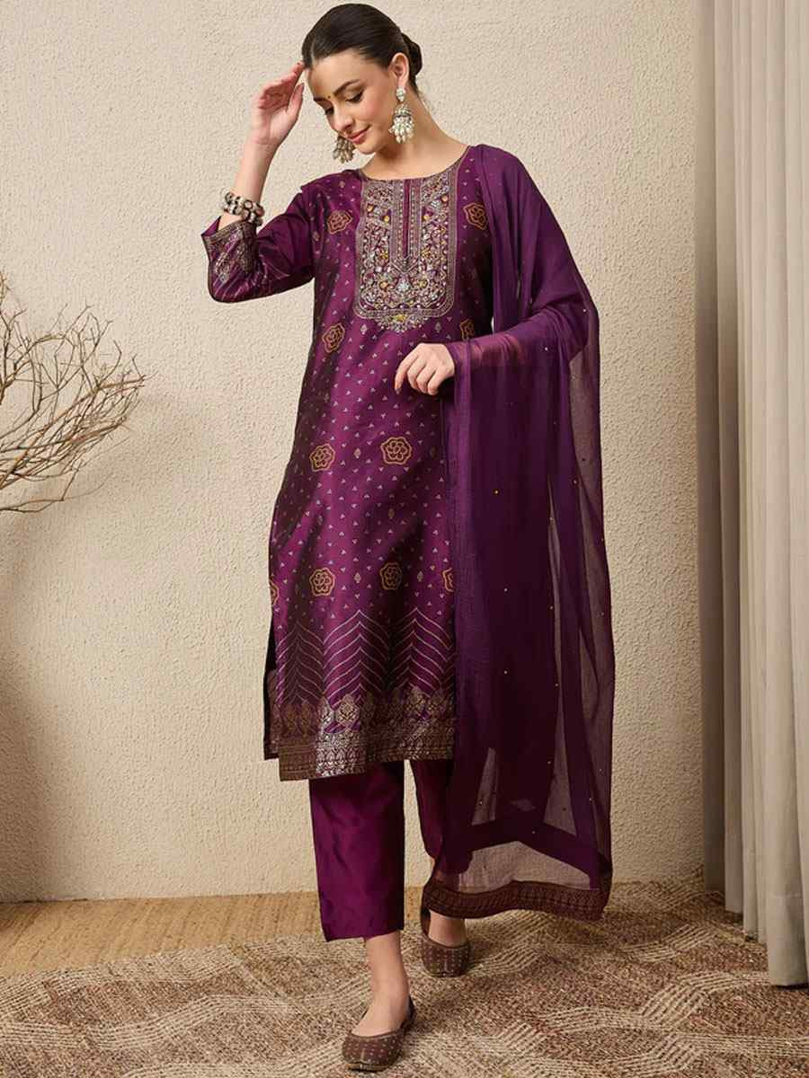 Purple Cotton Silk Jacquard Handwoven Party Wedding Festival Casual Ready Pant Salwar Kameez