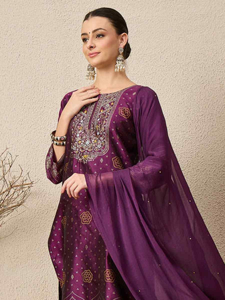 Purple Cotton Silk Jacquard Handwoven Party Wedding Festival Casual Ready Pant Salwar Kameez