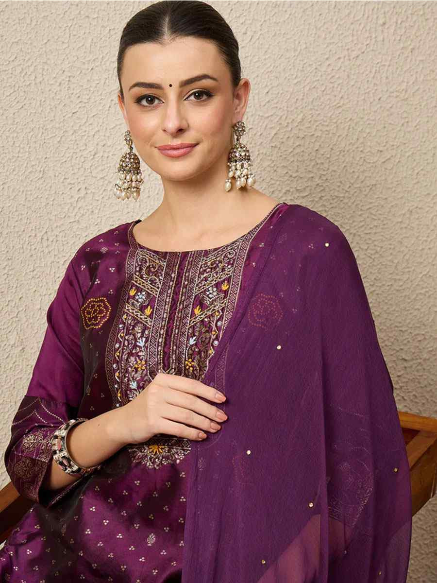 Purple Cotton Silk Jacquard Handwoven Party Wedding Festival Casual Ready Pant Salwar Kameez
