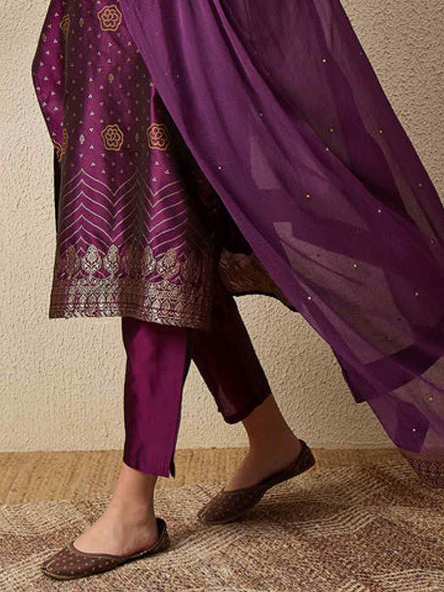 Purple Cotton Silk Jacquard Handwoven Party Wedding Festival Casual Ready Pant Salwar Kameez