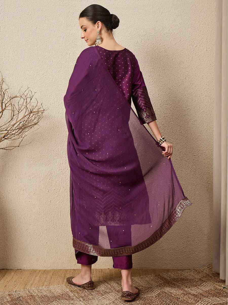 Purple Cotton Silk Jacquard Handwoven Party Wedding Festival Casual Ready Pant Salwar Kameez