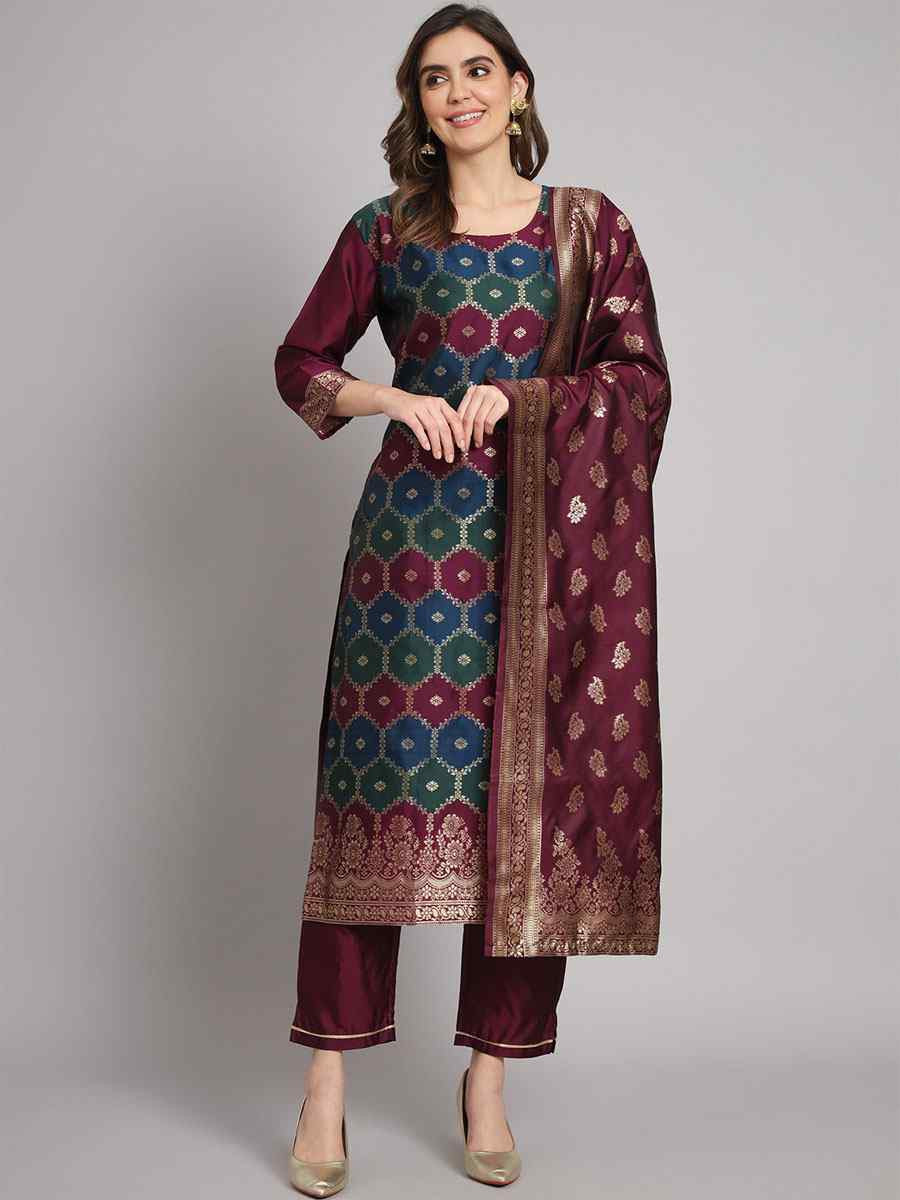Purple Cotton Silk Jacquard Handwoven Party Wedding Festival Casual Ready Pant Salwar Kameez