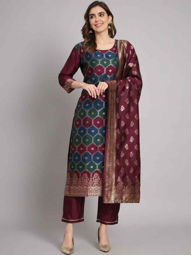 Image of Purple Cotton Silk Jacquard Handwoven Party Wedding Festival Casual Ready Pant Salwar Kameez