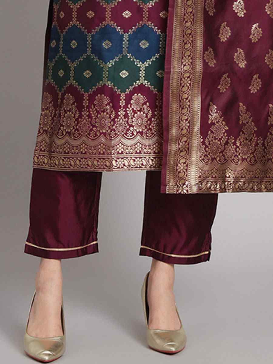 Purple Cotton Silk Jacquard Handwoven Party Wedding Festival Casual Ready Pant Salwar Kameez