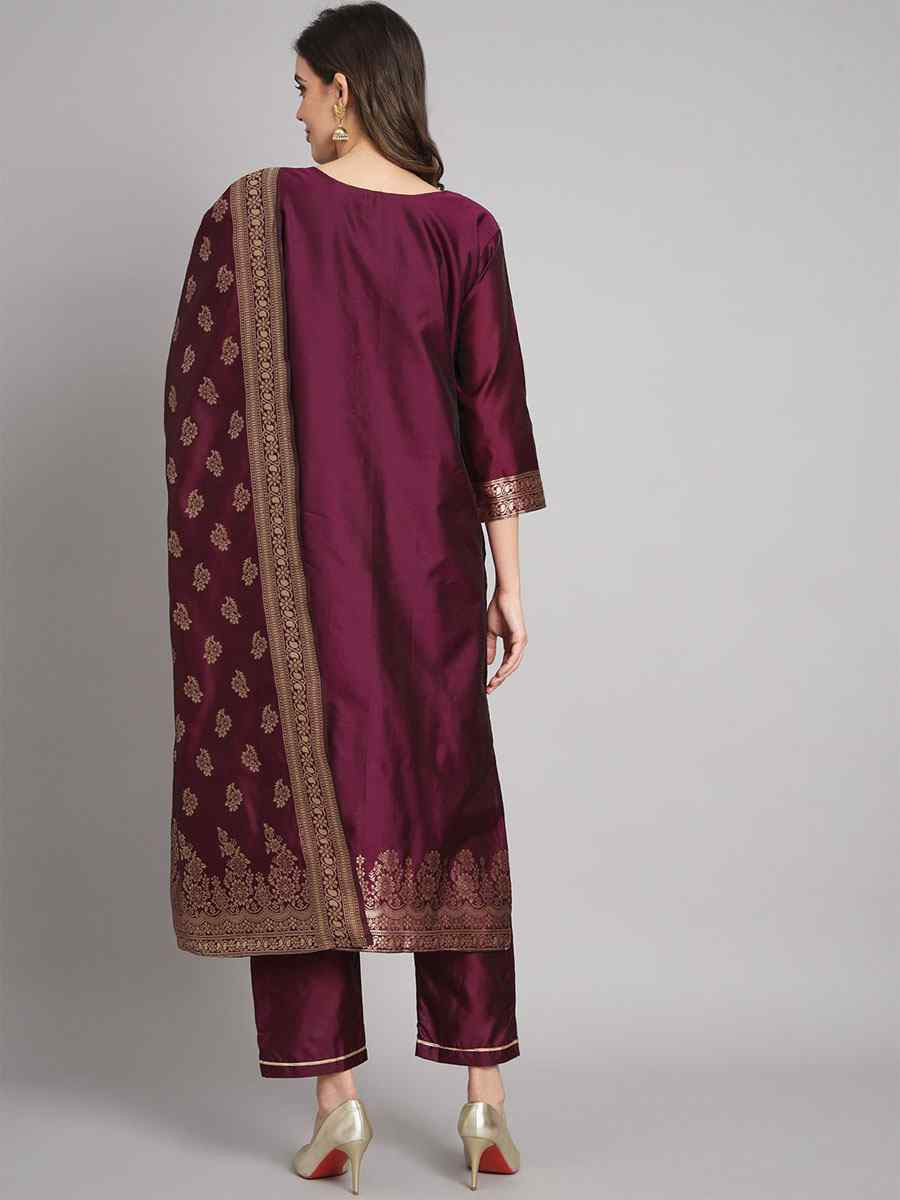 Purple Cotton Silk Jacquard Handwoven Party Wedding Festival Casual Ready Pant Salwar Kameez