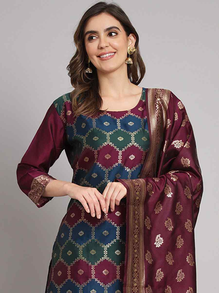 Purple Cotton Silk Jacquard Handwoven Party Wedding Festival Casual Ready Pant Salwar Kameez