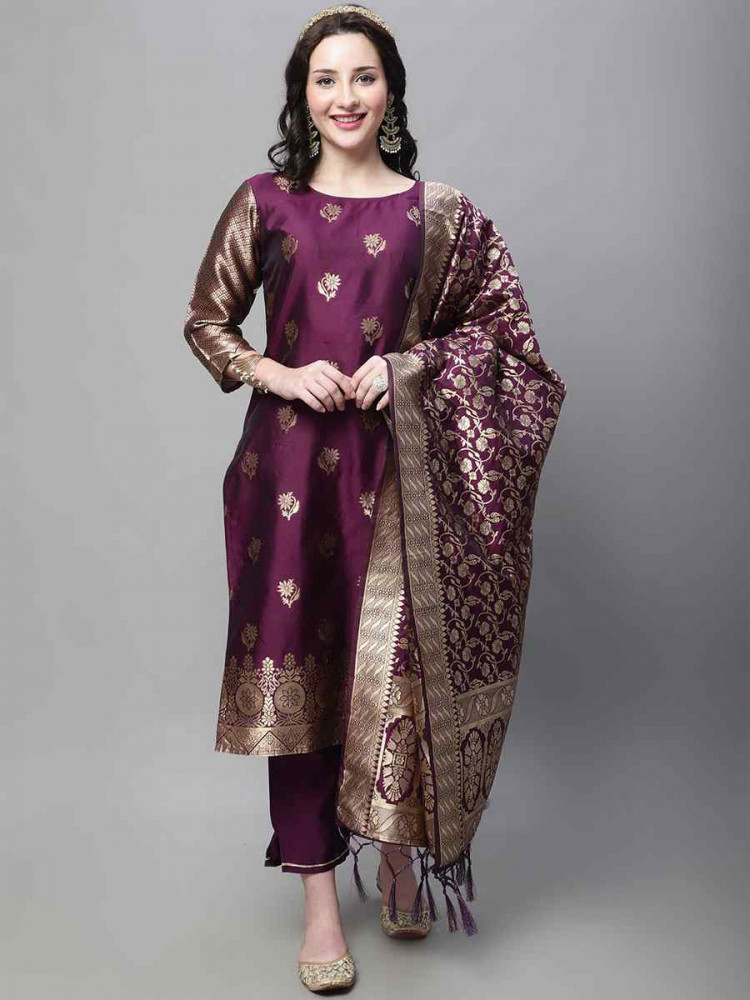 Image of Purple Cotton Silk Jacquard Handwoven Party Wedding Festival Casual Ready Pant Salwar Kameez