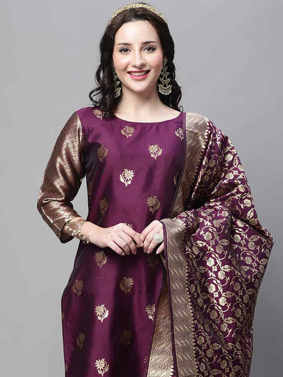 Purple Cotton Silk Jacquard Handwoven Party Wedding Festival Casual Ready Pant Salwar Kameez