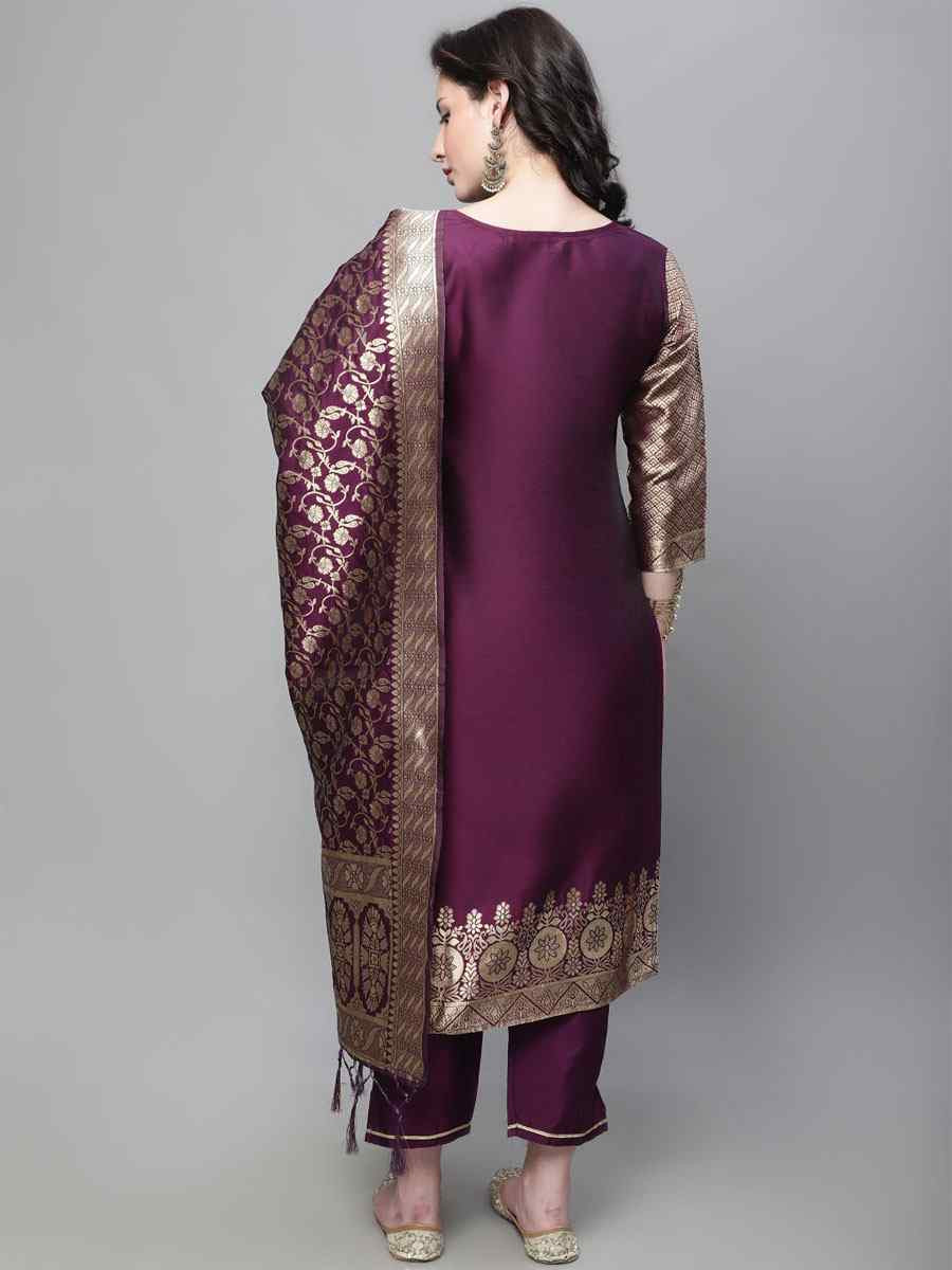 Purple Cotton Silk Jacquard Handwoven Party Wedding Festival Casual Ready Pant Salwar Kameez