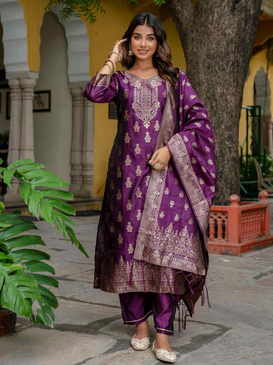 Purple Cotton Silk Jacquard Handwoven Party Wedding Festival Casual Ready Pant Salwar Kameez
