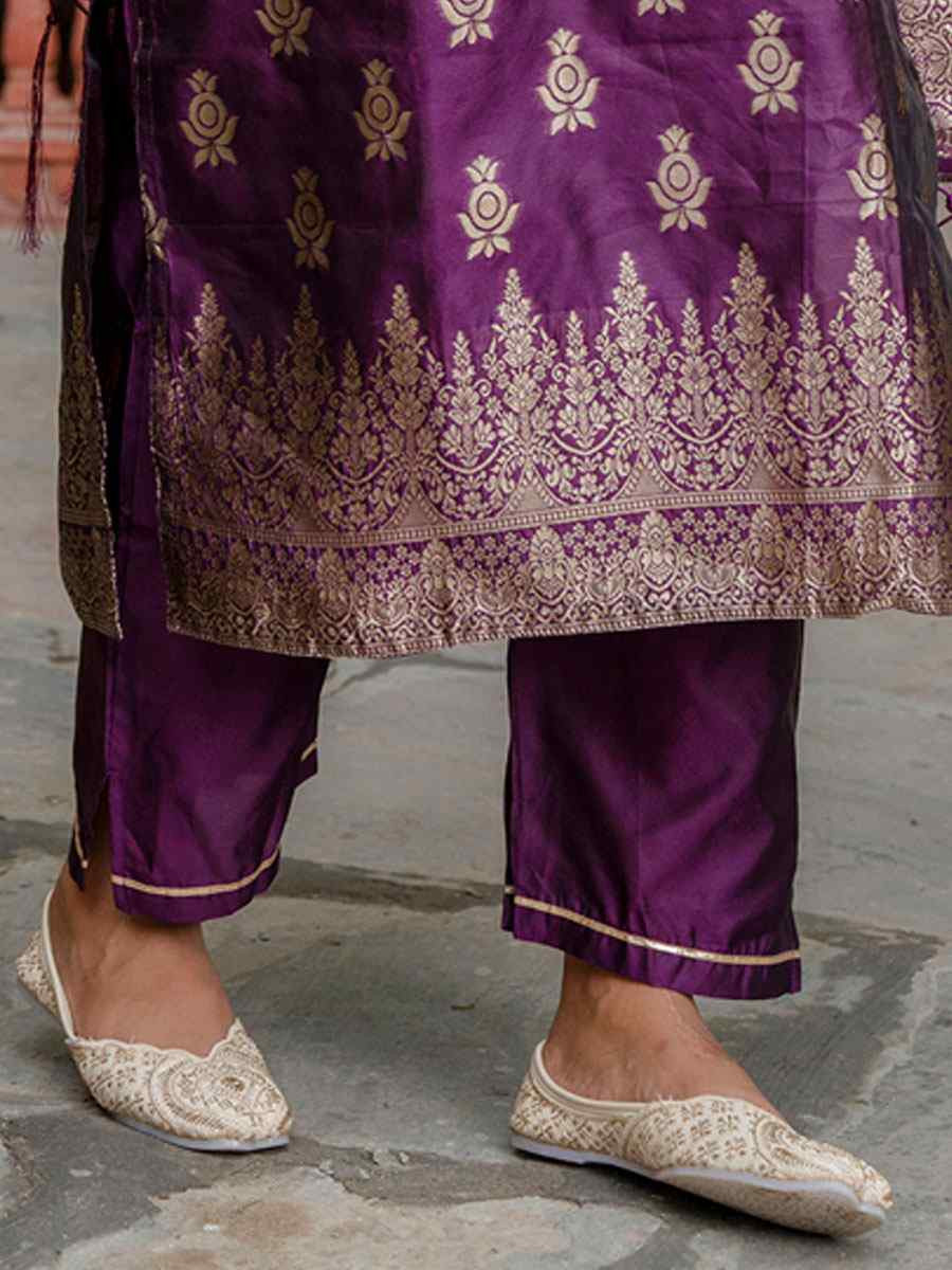 Purple Cotton Silk Jacquard Handwoven Party Wedding Festival Casual Ready Pant Salwar Kameez