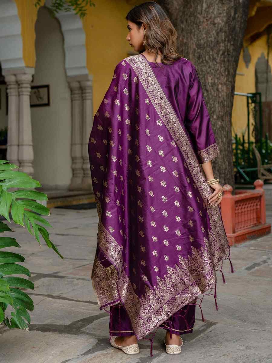 Purple Cotton Silk Jacquard Handwoven Party Wedding Festival Casual Ready Pant Salwar Kameez