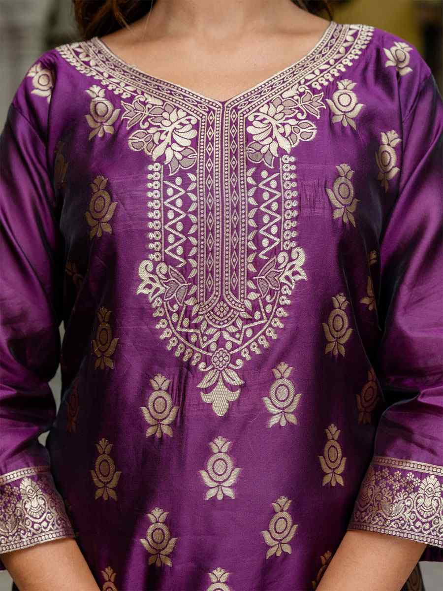 Purple Cotton Silk Jacquard Handwoven Party Wedding Festival Casual Ready Pant Salwar Kameez