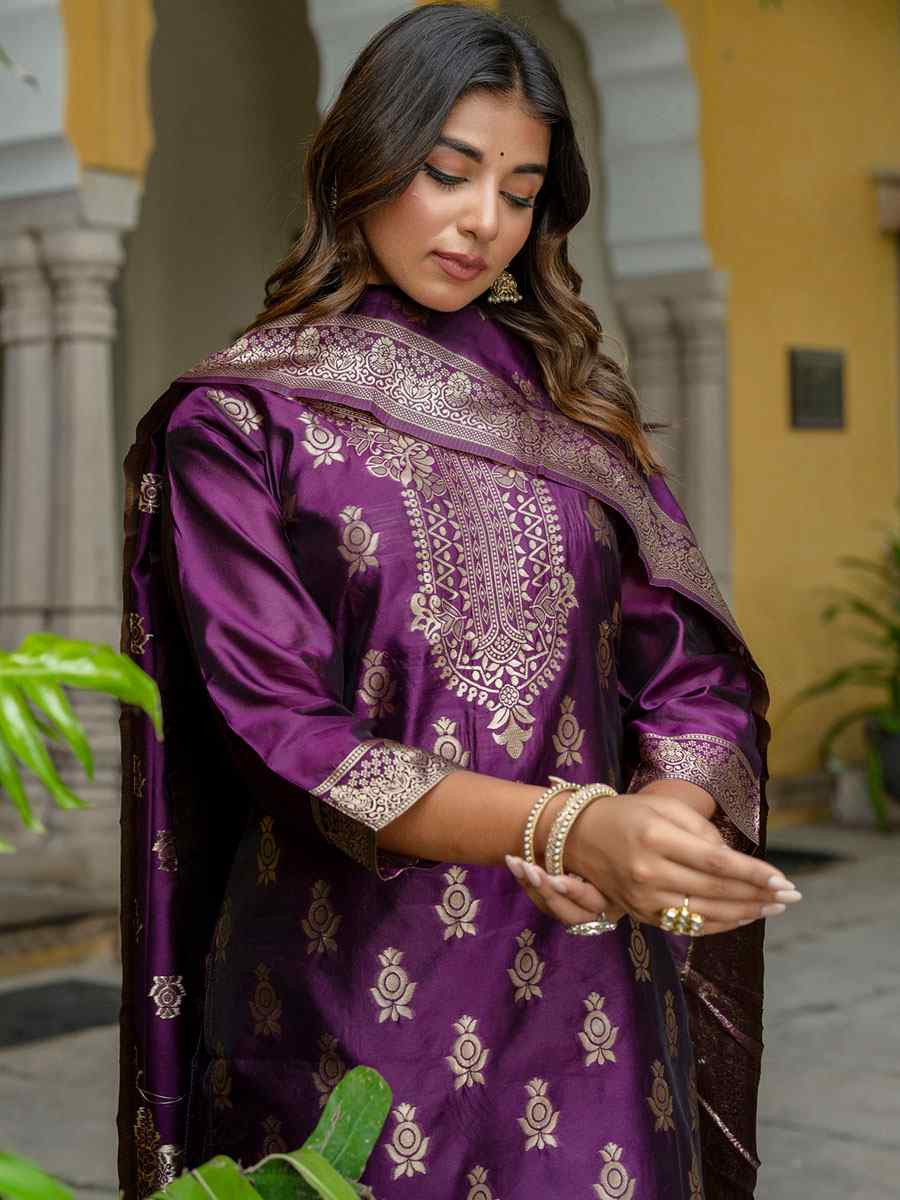 Purple Cotton Silk Jacquard Handwoven Party Wedding Festival Casual Ready Pant Salwar Kameez