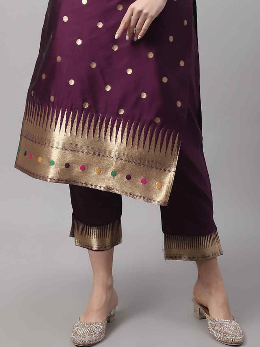 Purple Cotton Silk Jacquard Handwoven Party Wedding Festival Casual Ready Pant Salwar Kameez