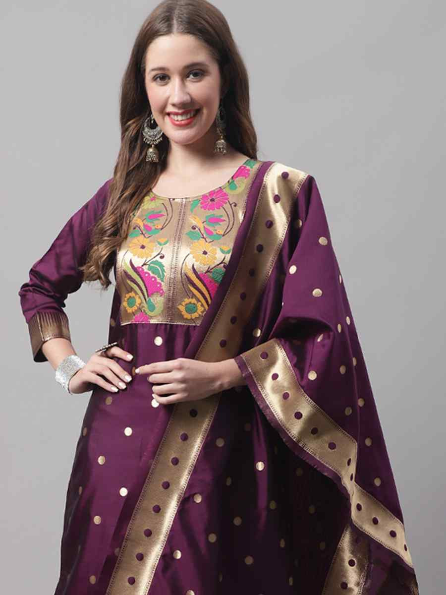 Purple Cotton Silk Jacquard Handwoven Party Wedding Festival Casual Ready Pant Salwar Kameez