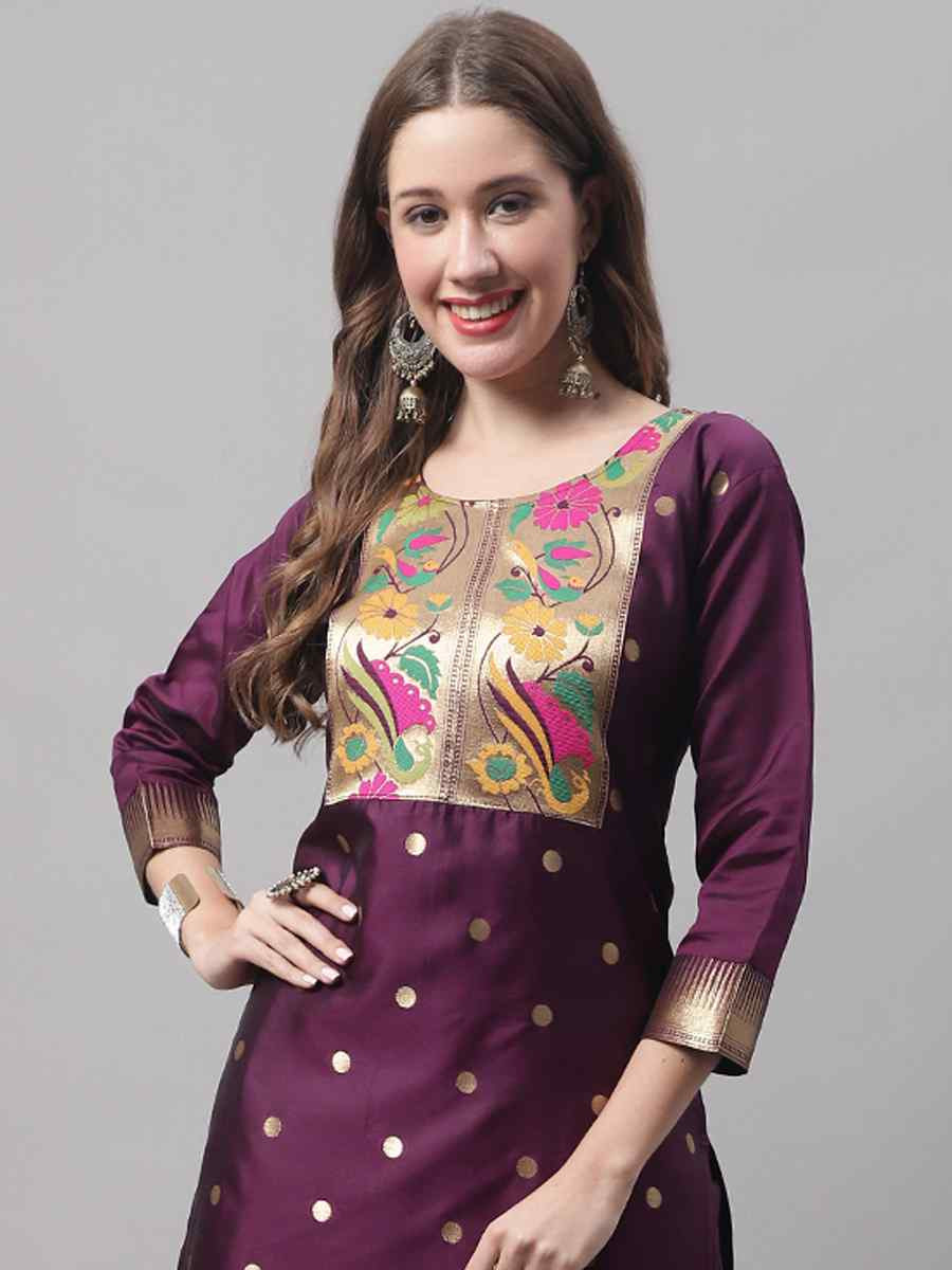 Purple Cotton Silk Jacquard Handwoven Party Wedding Festival Casual Ready Pant Salwar Kameez