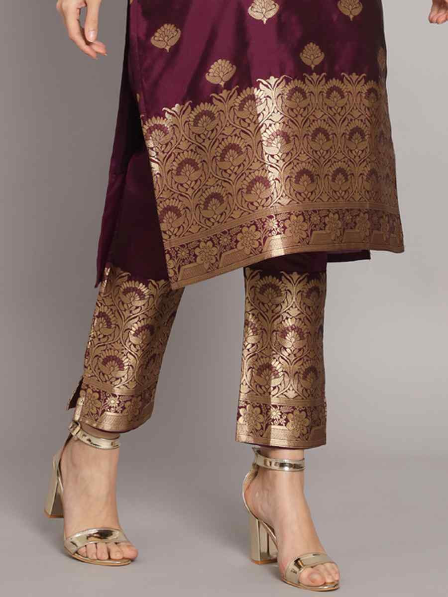 Purple Cotton Silk Jacquard Handwoven Party Wedding Festival Casual Ready Pant Salwar Kameez