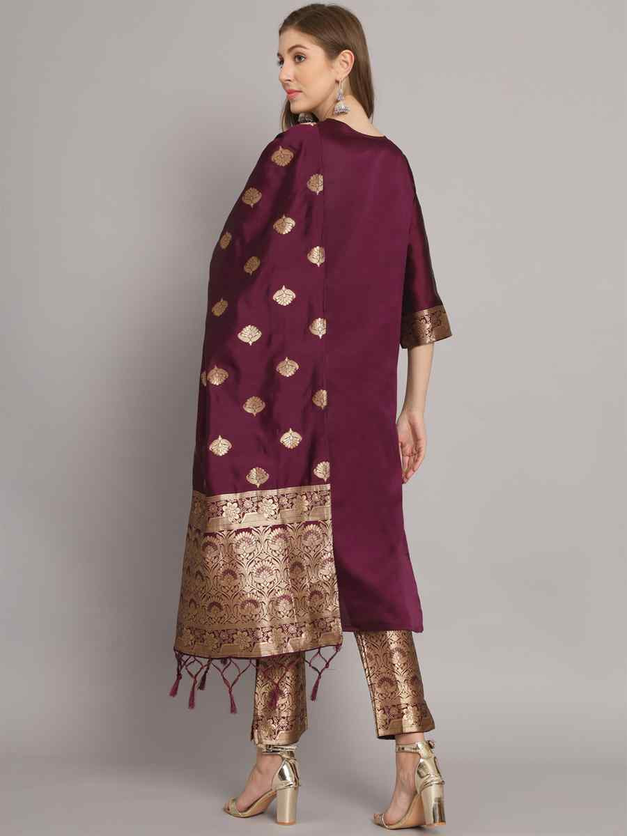 Purple Cotton Silk Jacquard Handwoven Party Wedding Festival Casual Ready Pant Salwar Kameez