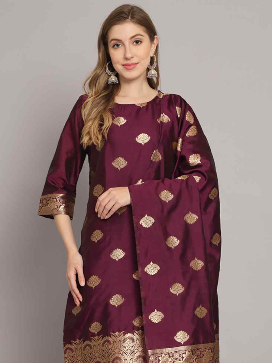 Purple Cotton Silk Jacquard Handwoven Party Wedding Festival Casual Ready Pant Salwar Kameez